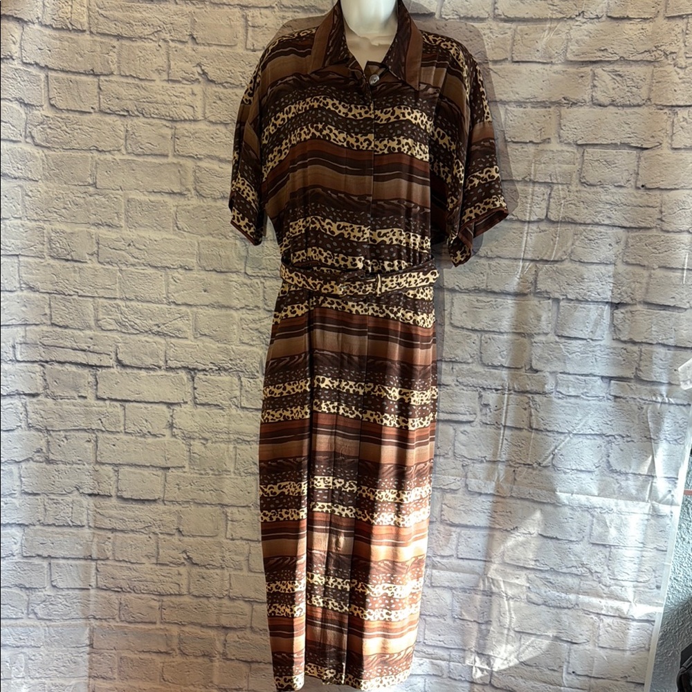 Maggy London Brown Midi Dress with Notched Collar Size 12 Button Down